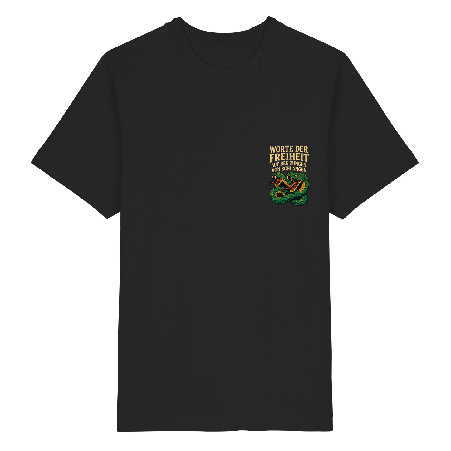 Schwarzes "Worte der Freiheit ... auf den Zungen von Schlangen - Heavy Oversized Organic Shirt" von Pressure Clothing mit Schlangenmotiv.