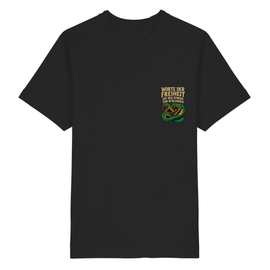 Schwarzes "Worte der Freiheit ... auf den Zungen von Schlangen - Heavy Oversized Organic Shirt" von Pressure Clothing mit Schlangenmotiv.