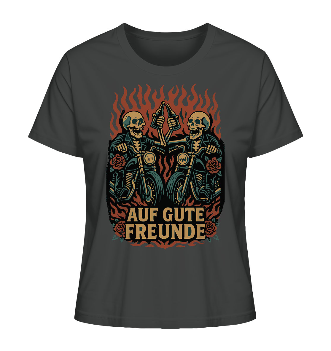 Damen Shirt "Auf gute Freunde - Biker Statement - Ladies Organic Shirt" von RockWear mit Totenkopf-Motiven auf Motorrädern.