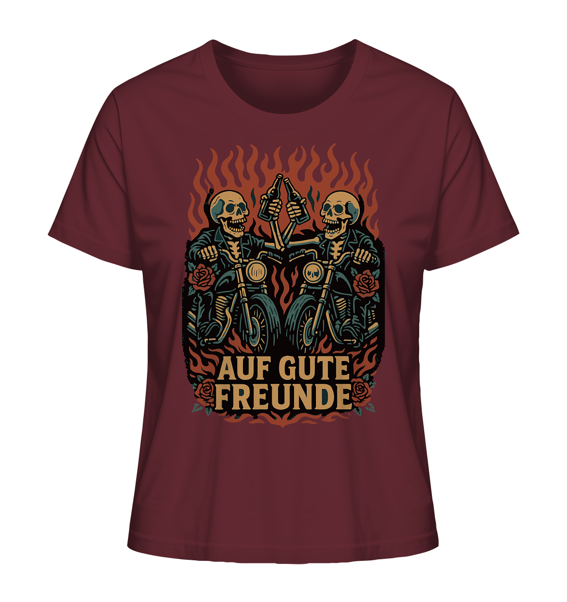 Auf gute Freunde - Biker Statement - Ladies Organic Shirt von RockWear mit Skeletten auf Motorrädern und Flammenmotiv