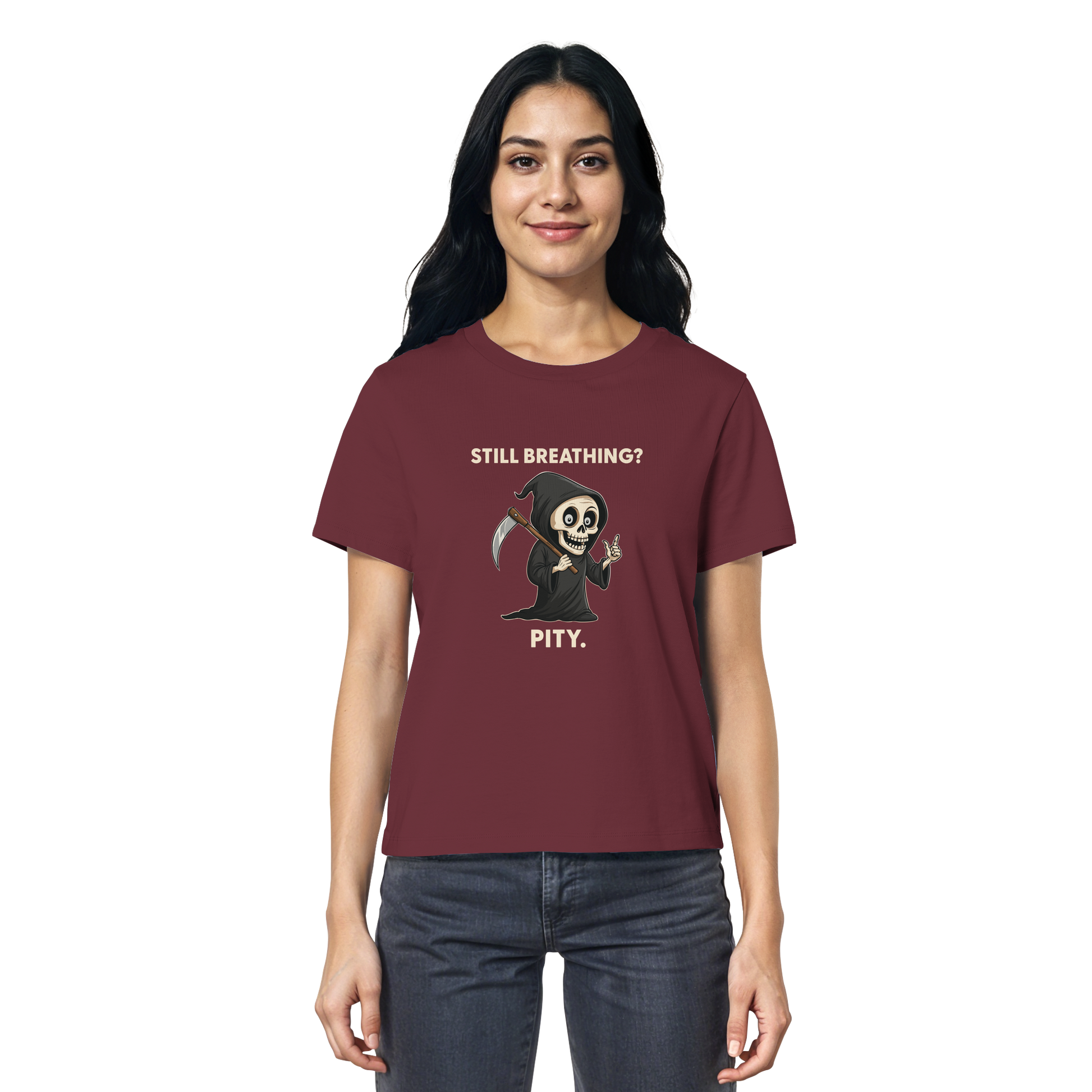 Woman wearing maroon organic shirt with grim reaper illustration and sarcastic phrase about still breathing