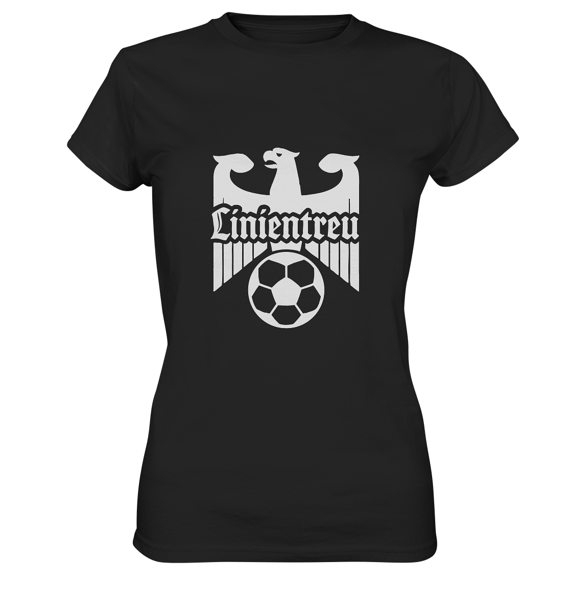 Schwarzes Linientreu Fussball - Dritte Halbzeit - Ladies Premium Shirt von Adlerfront mit Adler- und Fußball-Design.