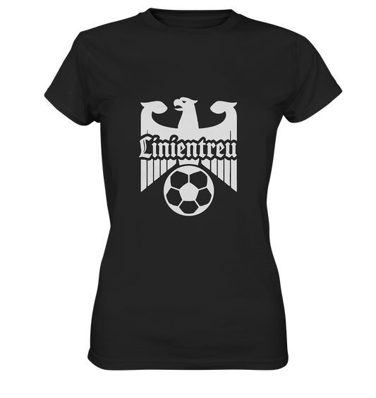 Schwarzes Linientreu Fussball - Dritte Halbzeit - Ladies Premium Shirt von Adlerfront mit Adler- und Fußball-Design.
