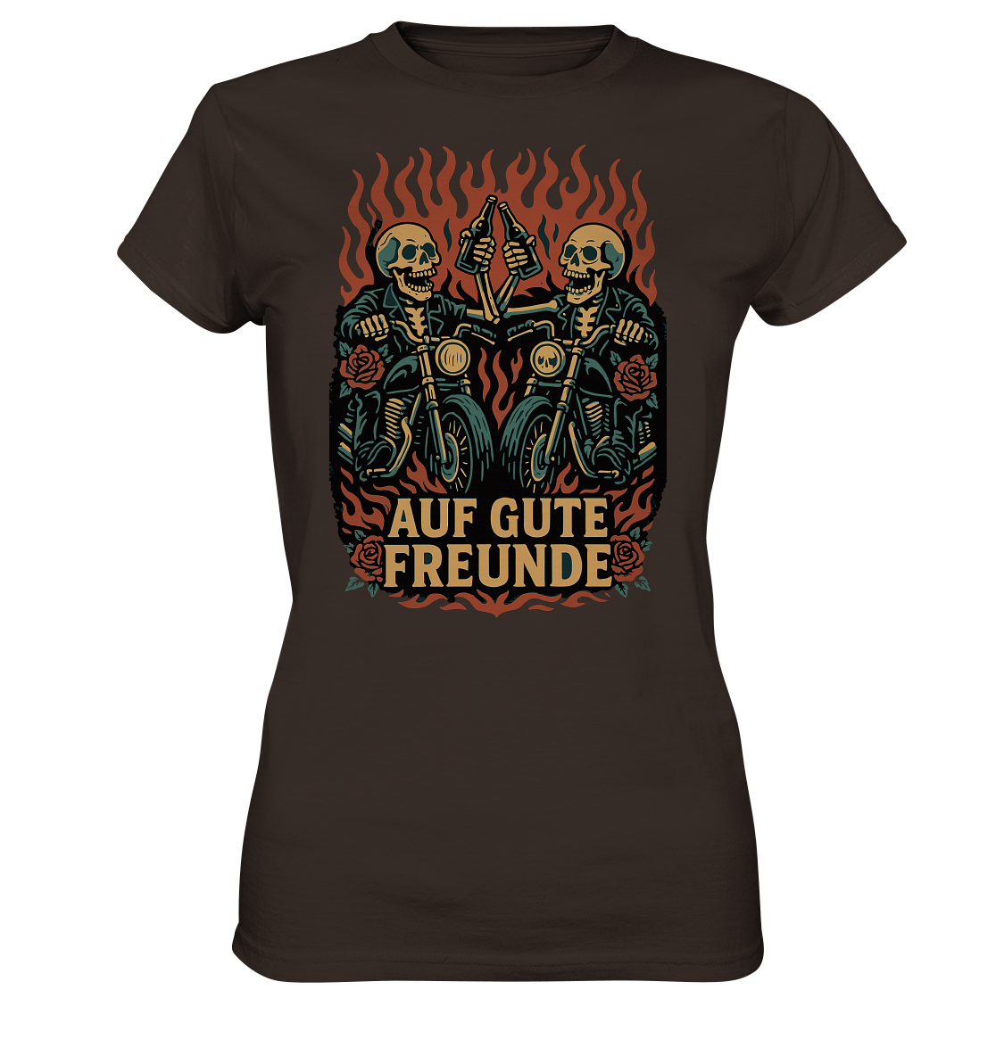 Braunes Auf gute Freunde - Biker Statement - Ladies Premium Shirt von RockWear mit Totenkopf-Motiven und Motorrädern.