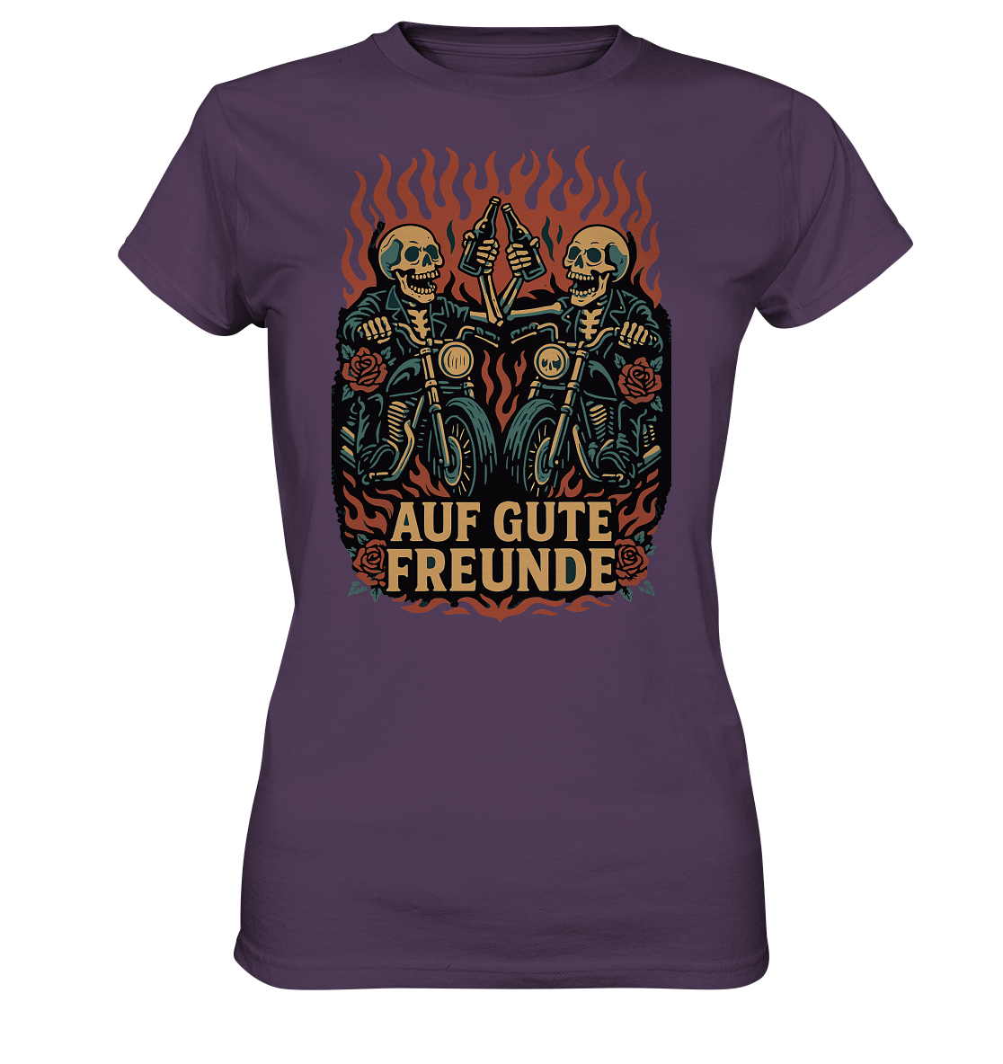 Auf gute Freunde - Biker Statement - Ladies Premium Shirt von RockWear mit Totenkopf-Motiven und Motorrädern.