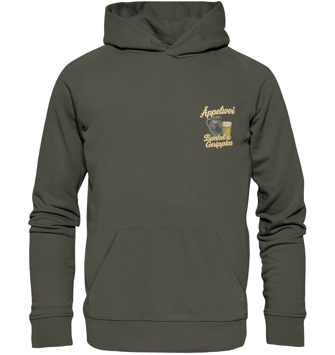 Organic olive green hoodie with Äppelwoi Bembel & Geripptes graphic, inspired by Frankfurt style and culture.
