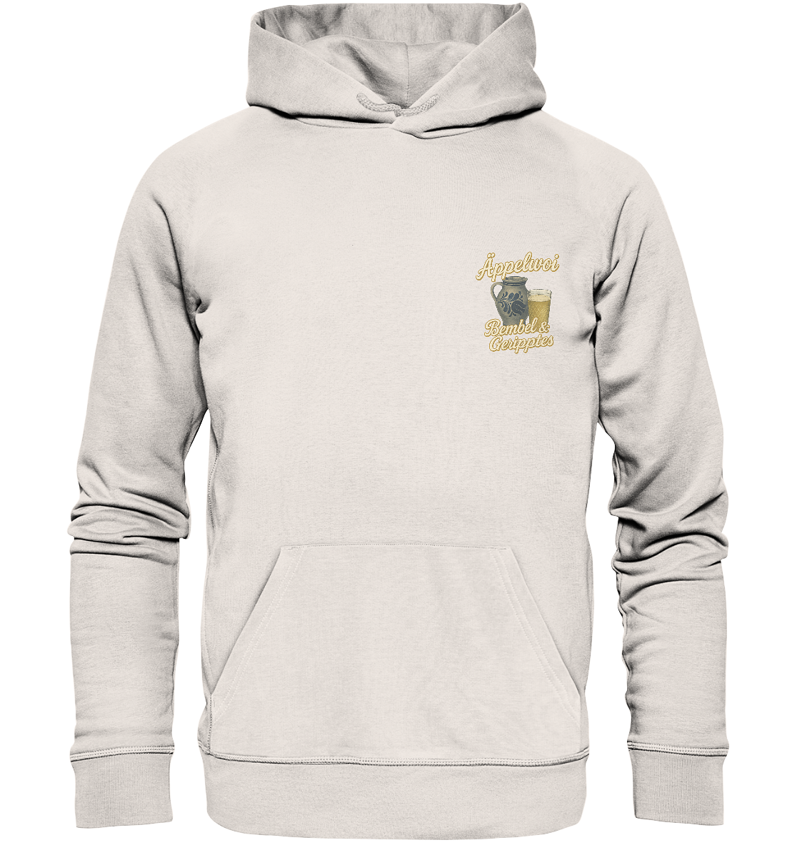 Off-white organic hoodie with small vintage-style Äppelwoi Bembel and glass graphic on chest pocket area