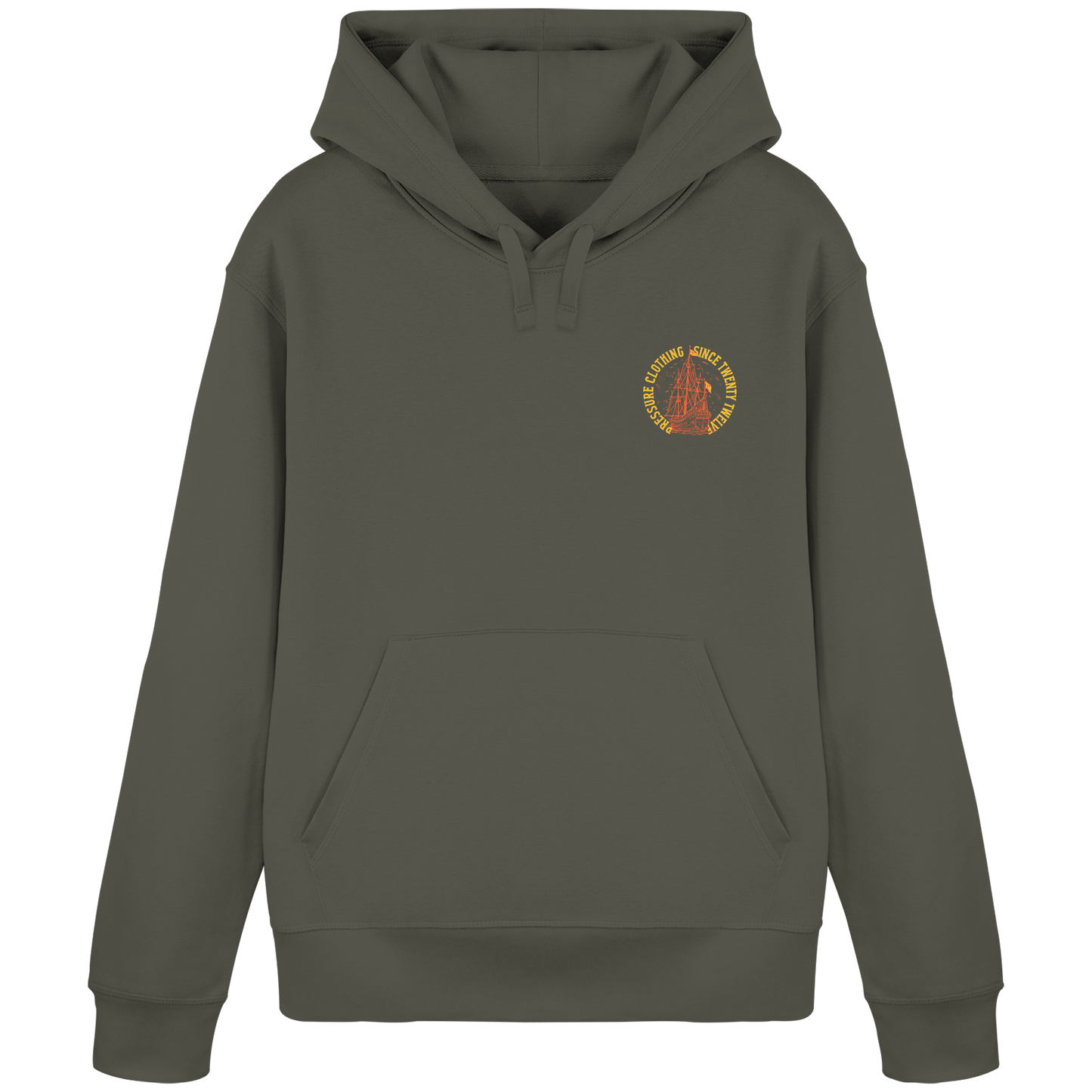 Vintage Segelschiff - Organic Basic Hoodie von Pressure Clothing mit Segelschiff-Design auf khaki grünem Stoff