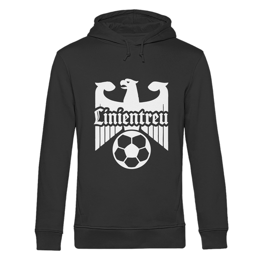 Schwarzer Linientreu Fussball - Dritte Halbzeit - Organic Hoodie B&C von Adlerfront mit markantem Adler und Fußballmotiv.