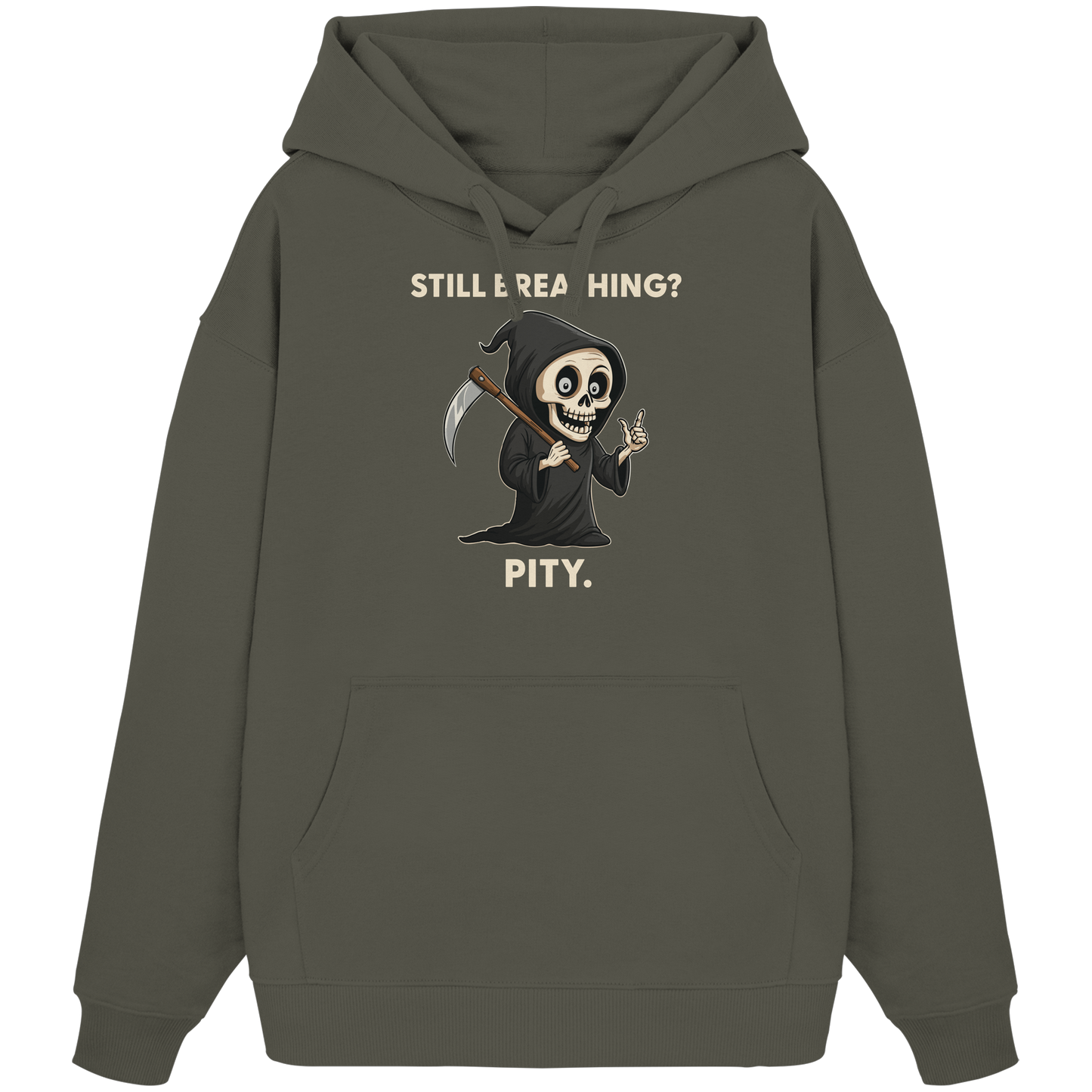 Organic oversized hoodie featuring a sarcastic Grim Reaper design with dark humor text and a scythe illustration