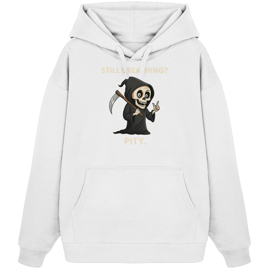 White organic oversized hoodie with a cartoon Grim Reaper and sarcastic black humor text design.