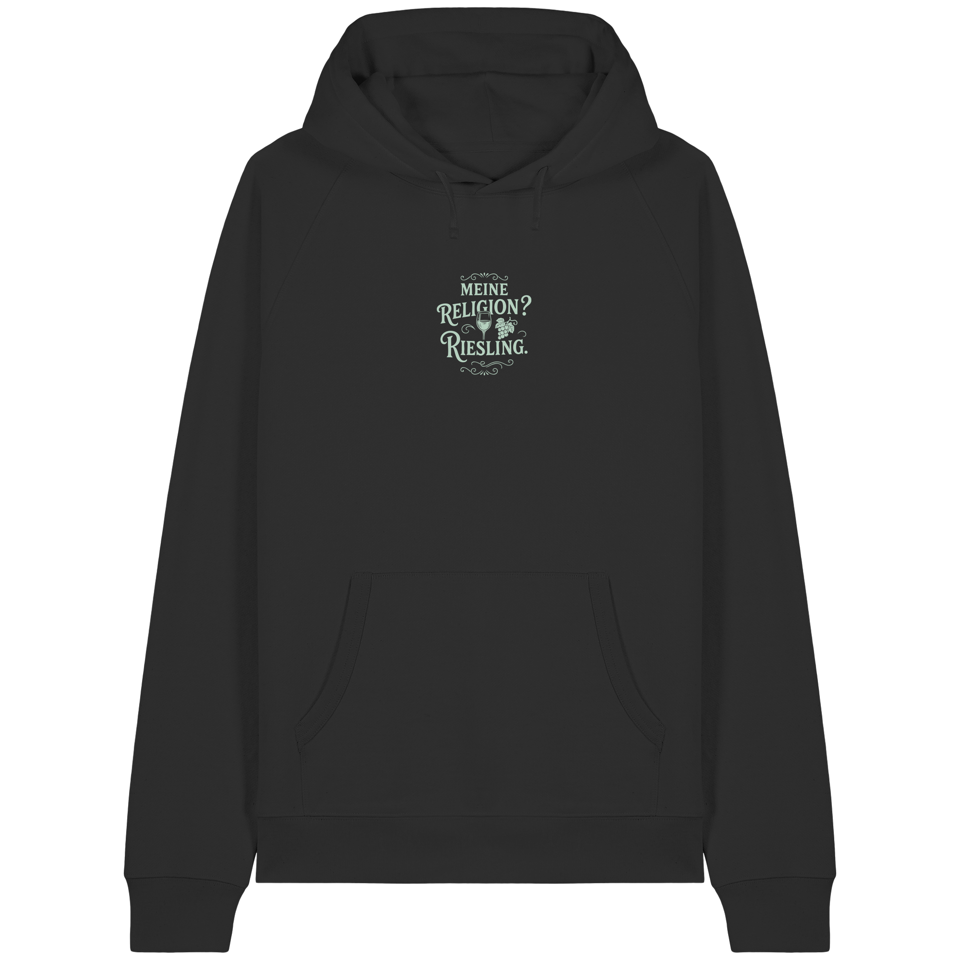 Meine Religion? Riesling. – Wein Spruch für Weißwein-Fans - Organic Raglan Hoodie von Fun Wear in schwarz mit kleinem Frontdruck
