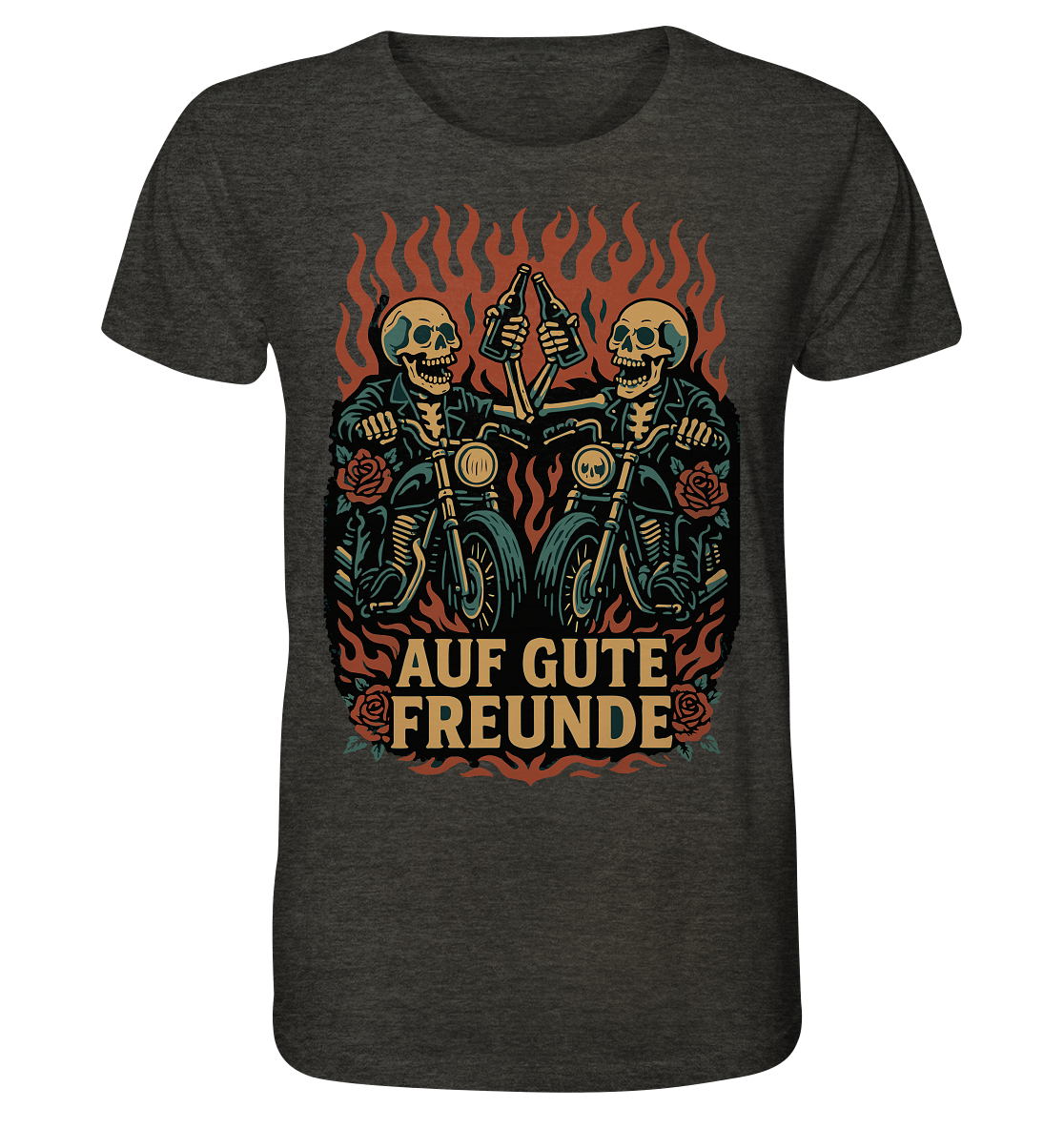 Auf gute Freunde - Biker Statement - Organic Shirt von RockWear mit Totenkopf-Motiven und Motorrädern in Flammen.