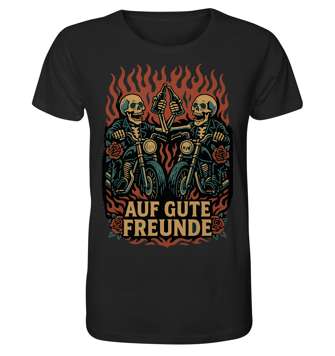 Schwarzes Auf gute Freunde - Biker Statement - Organic Shirt von RockWear mit Totenkopf-Motiven auf Motorrädern und Flammen.