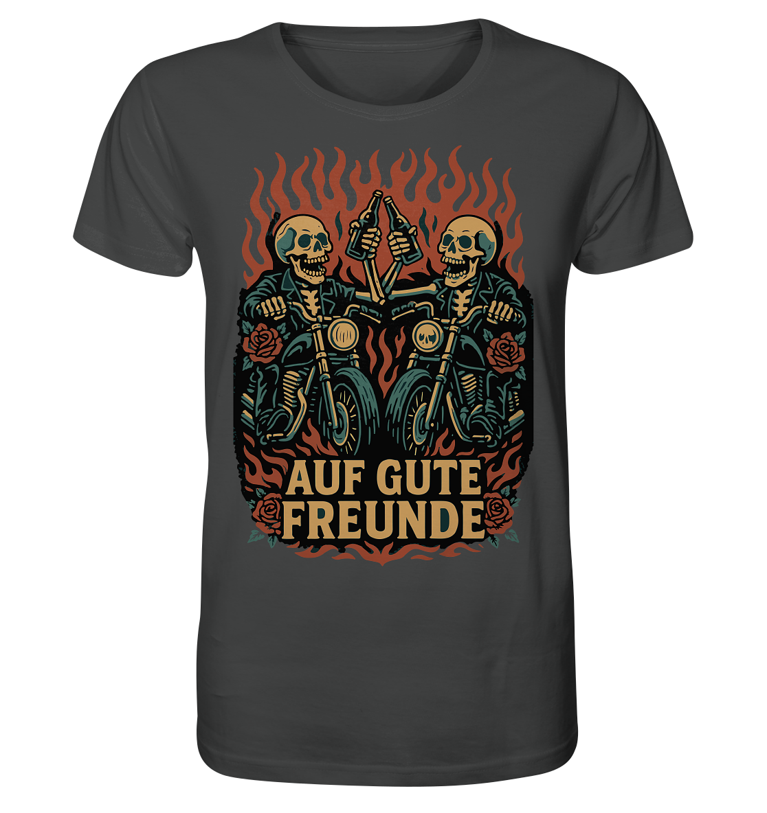 Auf gute Freunde - Biker Statement - Organic Shirt von RockWear mit Totenkopf-Motiven und Flammen als Symbol für Kameradschaft.