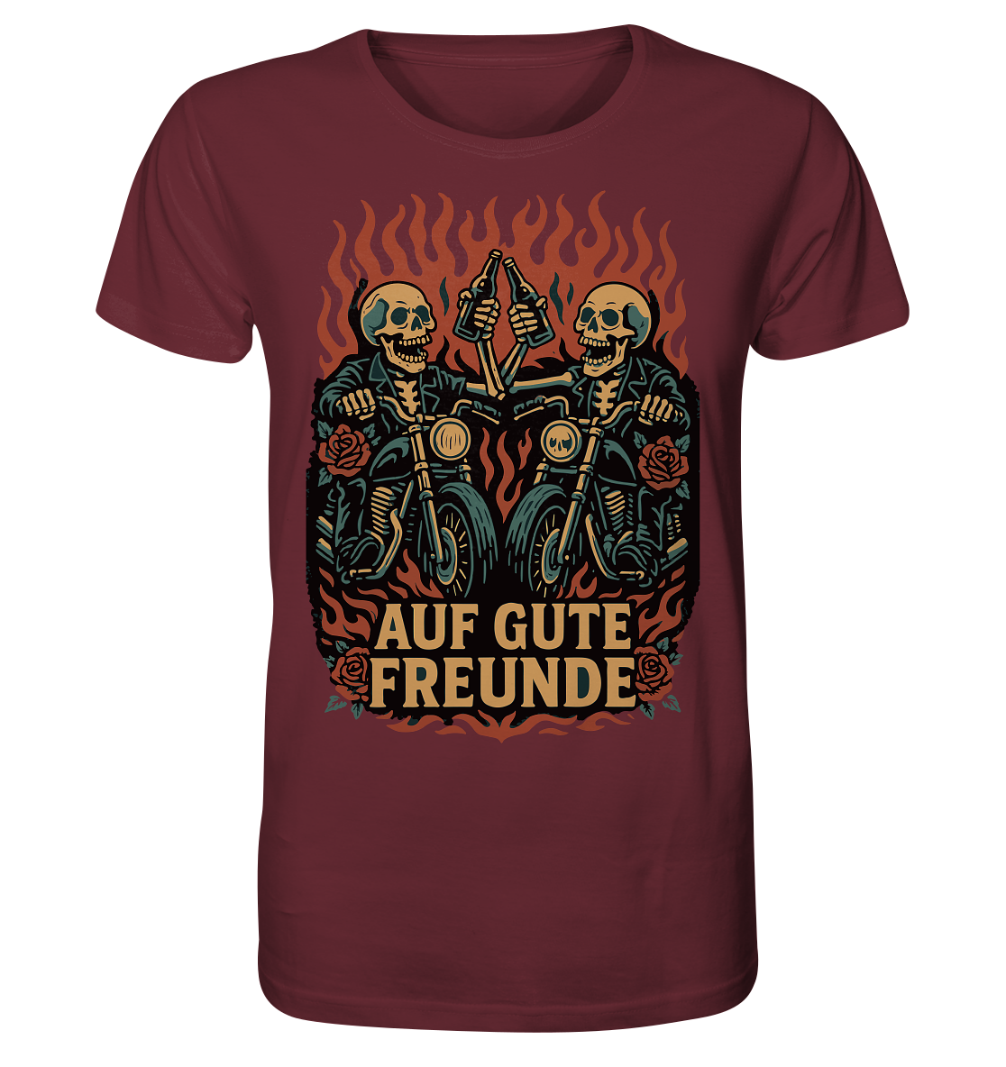 Auf gute Freunde - Biker Statement - Organic Shirt von RockWear mit Totenkopf-Motiven und Motorrädern in Flammen.