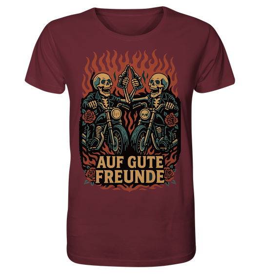 Auf gute Freunde - Biker Statement - Organic Shirt von RockWear mit Totenkopf-Motiven und Motorrädern in Flammen.