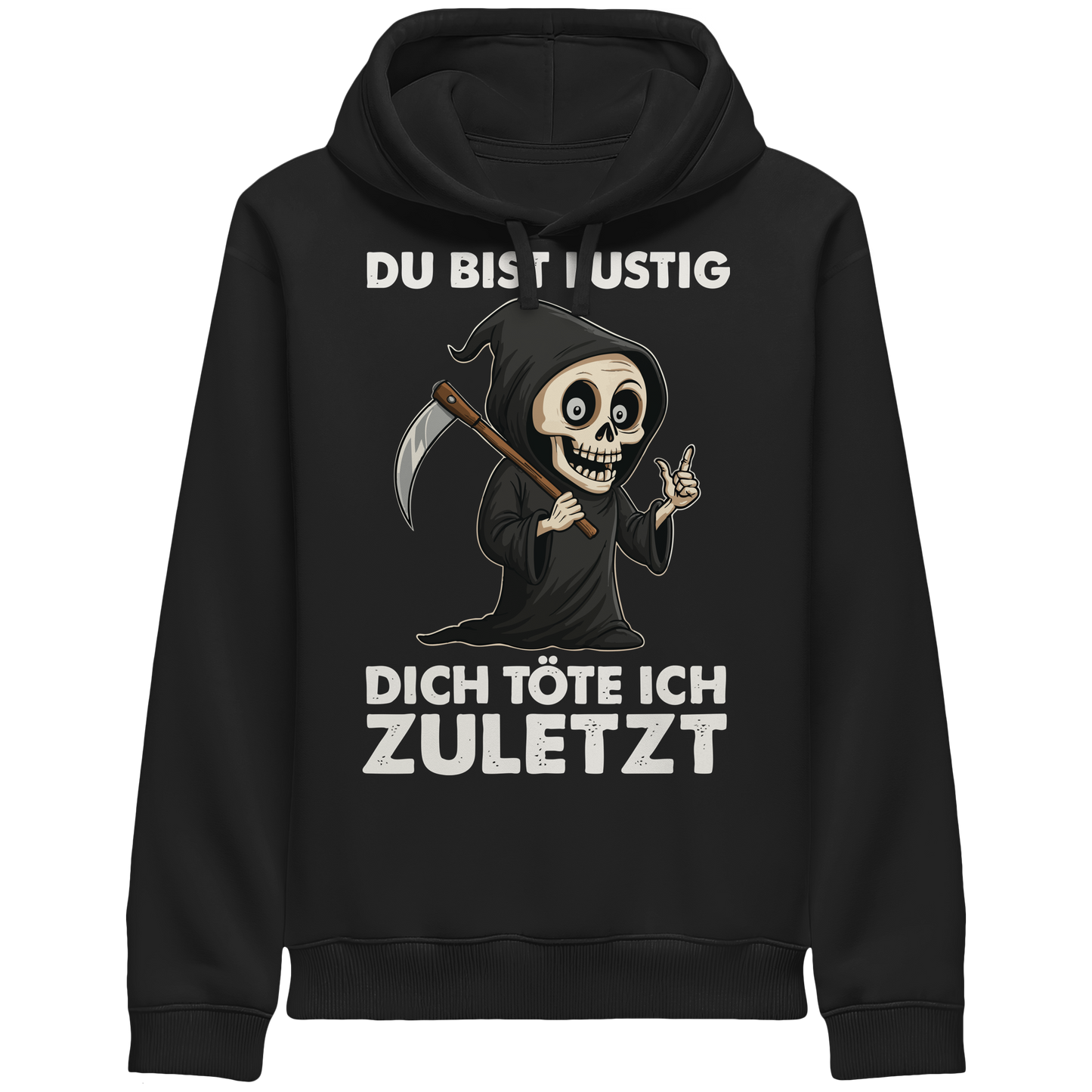 Black hoodie with a cartoon grim reaper and German text about dark humor and death reminder design.