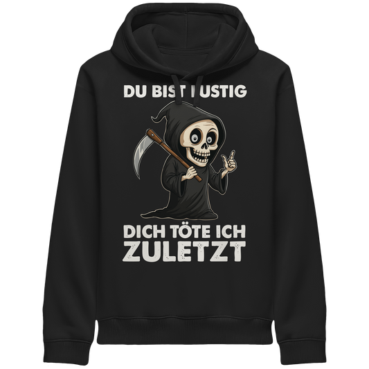 Black hoodie with a cartoon grim reaper and German text about dark humor and death reminder design.