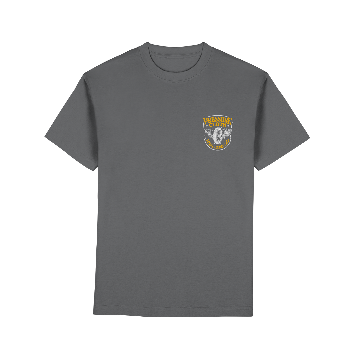 Flying Wheels Bike Customs - Premium Classic T-Shirt in Grau mit Pressure Clothing Vintage-Logo und Textmotiv vorne links