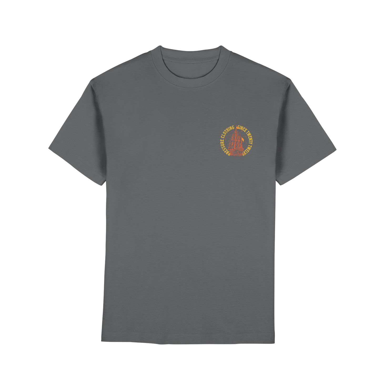 Vintage Segelschiff - Premium Classic T-Shirt von Pressure Clothing in Grau mit kleinem Segelschiff-Logo vorne links.