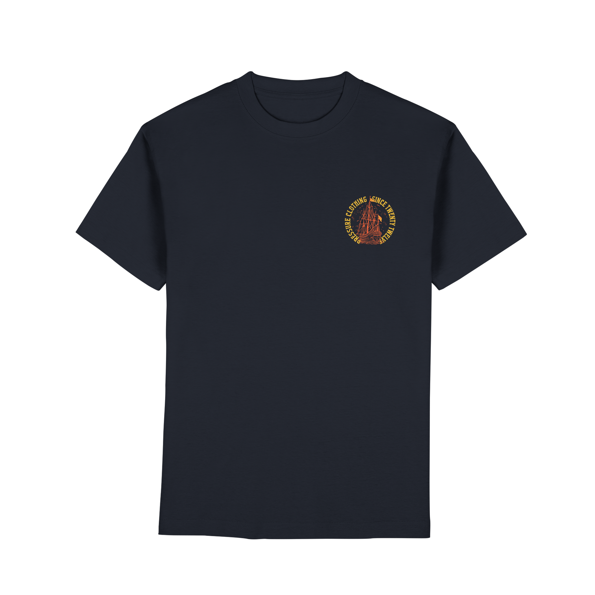 Vintage Segelschiff - Premium Classic T-Shirt von Pressure Clothing mit klassischem Segelschiff-Design auf dunkelblauem Stoff.