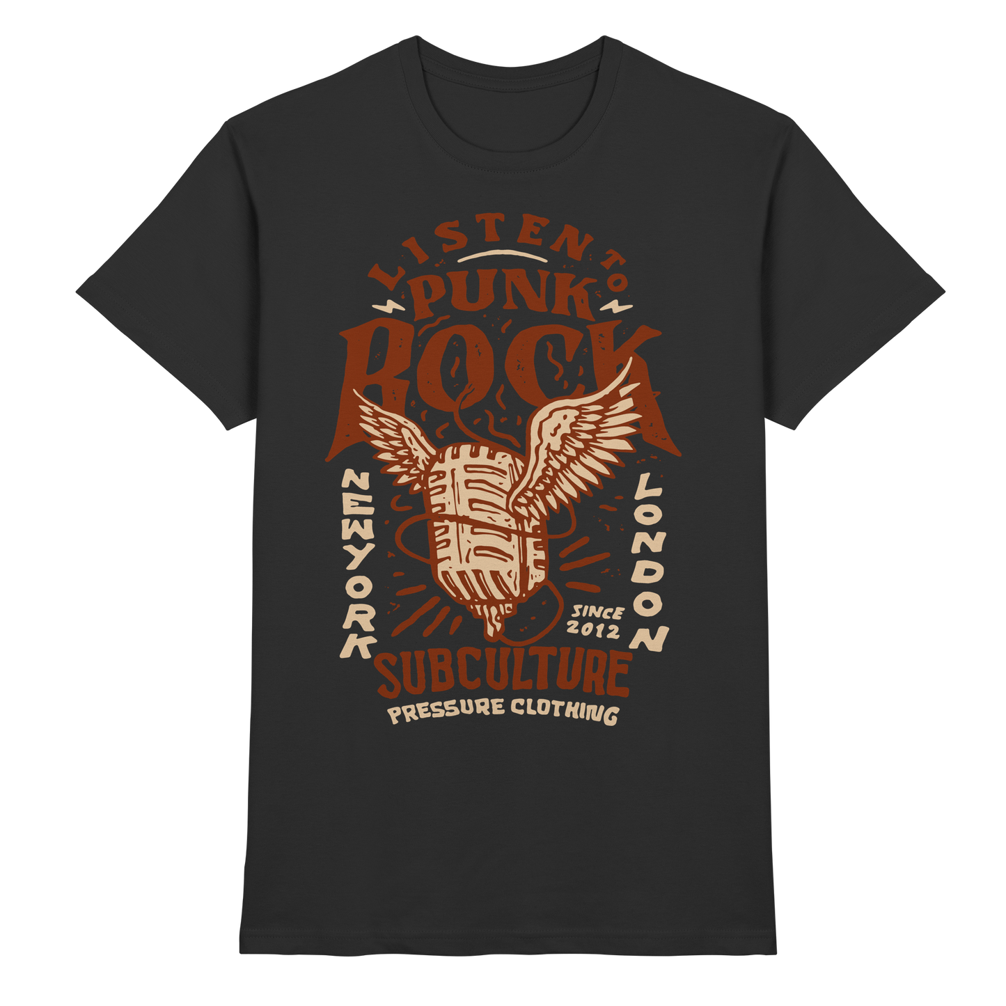 Listen to Punk Rock Subculture - Premium Shirt von Pressure Clothing mit vintage Mikrofon und Flugmotiv in Braun auf Schwarz.