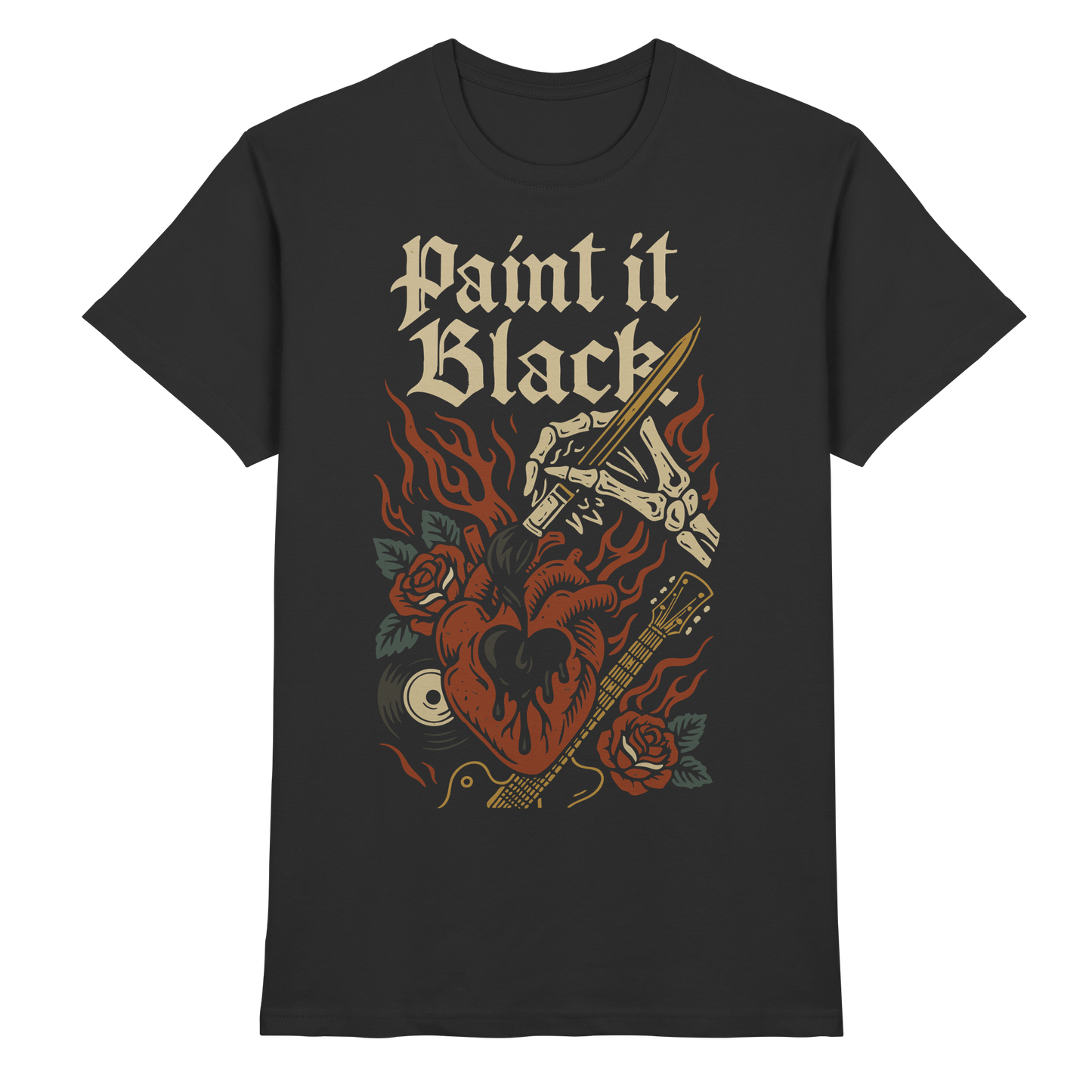 Schwarzes Premium Shirt Paint it Black von Pressure Clothing mit kreativem Herz- und Flammendesign, rebellischer Stil.
