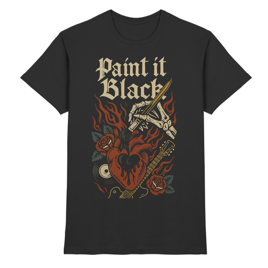Schwarzes Premium Shirt Paint it Black von Pressure Clothing mit kreativem Herz- und Flammendesign, rebellischer Stil.