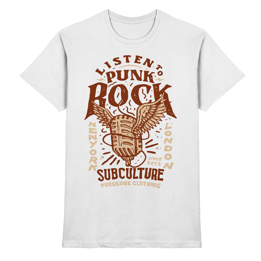 Listen to Punk Rock Subculture - Premium Shirt von Pressure Clothing mit Mikrofon-Design und Subkultur-Motiv in Braun auf Weiß