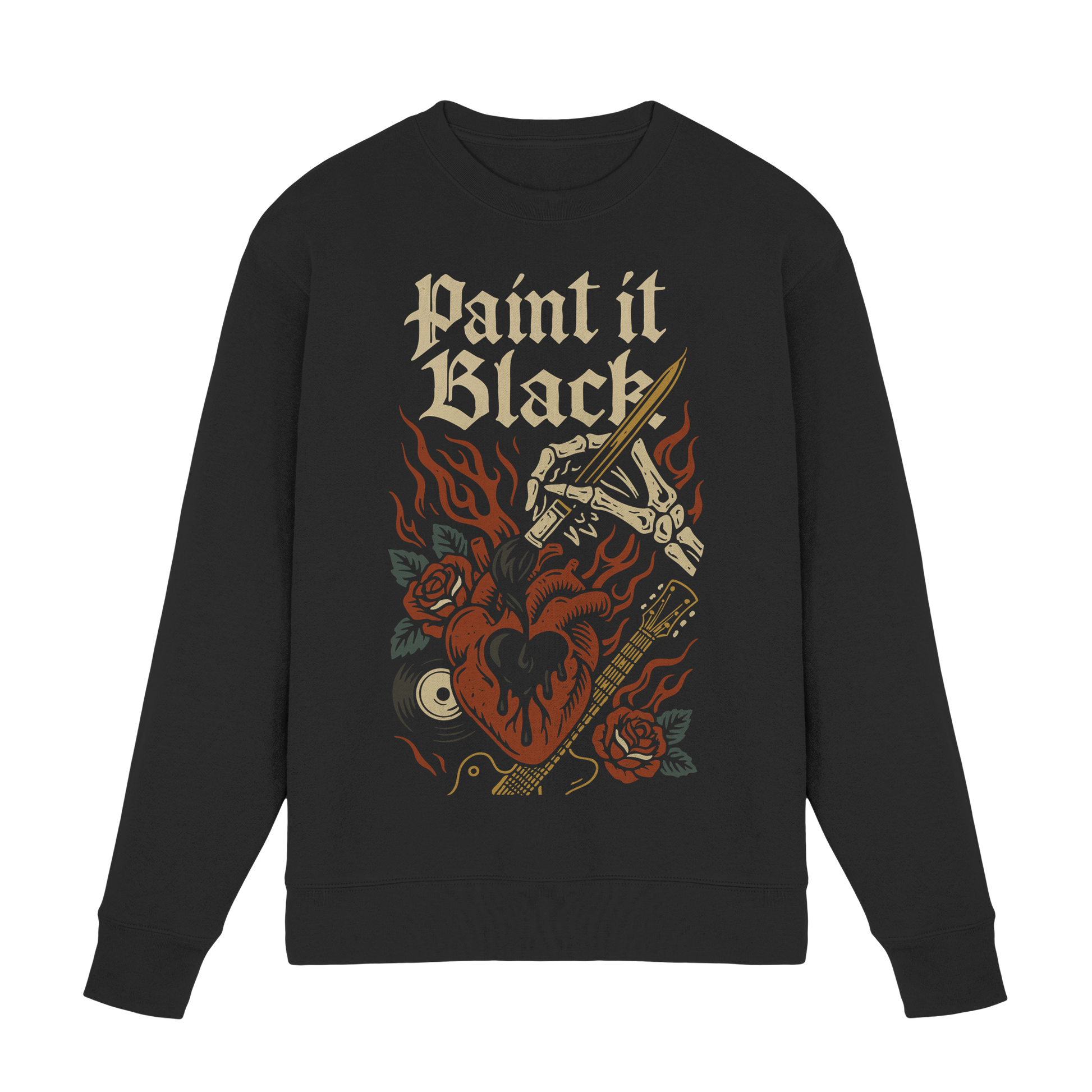Schwarzes Paint it Black - Premium Sweatshirt von Pressure Clothing mit rebellischem Herz- und Flammendesign
