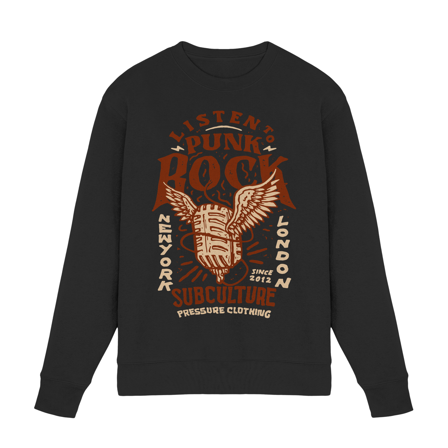 Listen to Punk Rock Subculture - Premium Sweatshirt von Pressure Clothing mit Mikrofon-Design und punkigem Schriftzug in Braun und Weiß.
