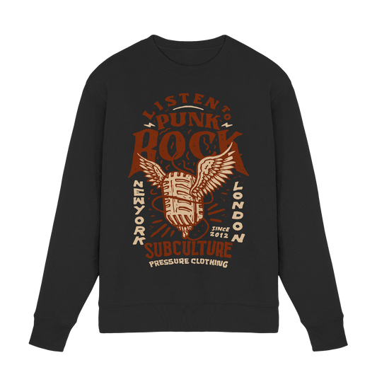 Listen to Punk Rock Subculture - Premium Sweatshirt von Pressure Clothing mit Mikrofon-Design und punkigem Schriftzug in Braun und Weiß.
