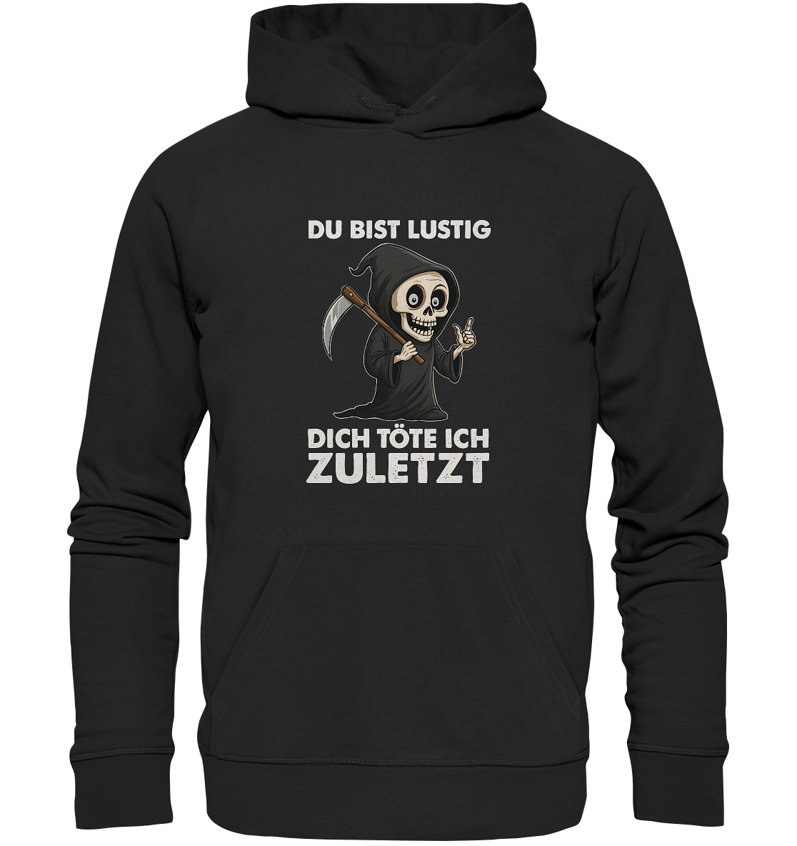 Black hoodie with a cartoon grim reaper and the German phrase about dark humor and death.