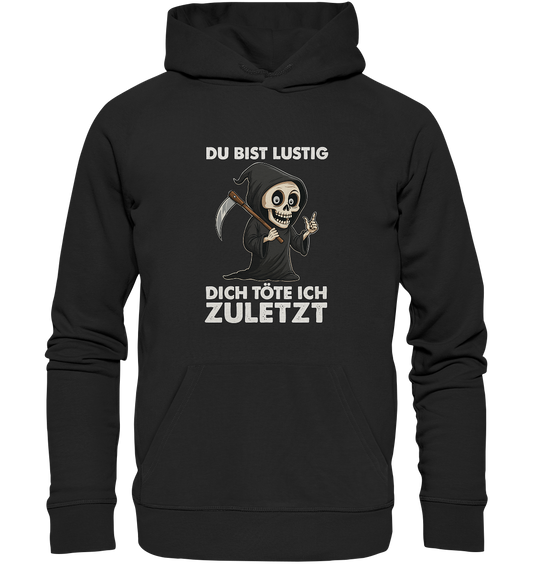 Black hoodie with a cartoon grim reaper and the German phrase about dark humor and death.