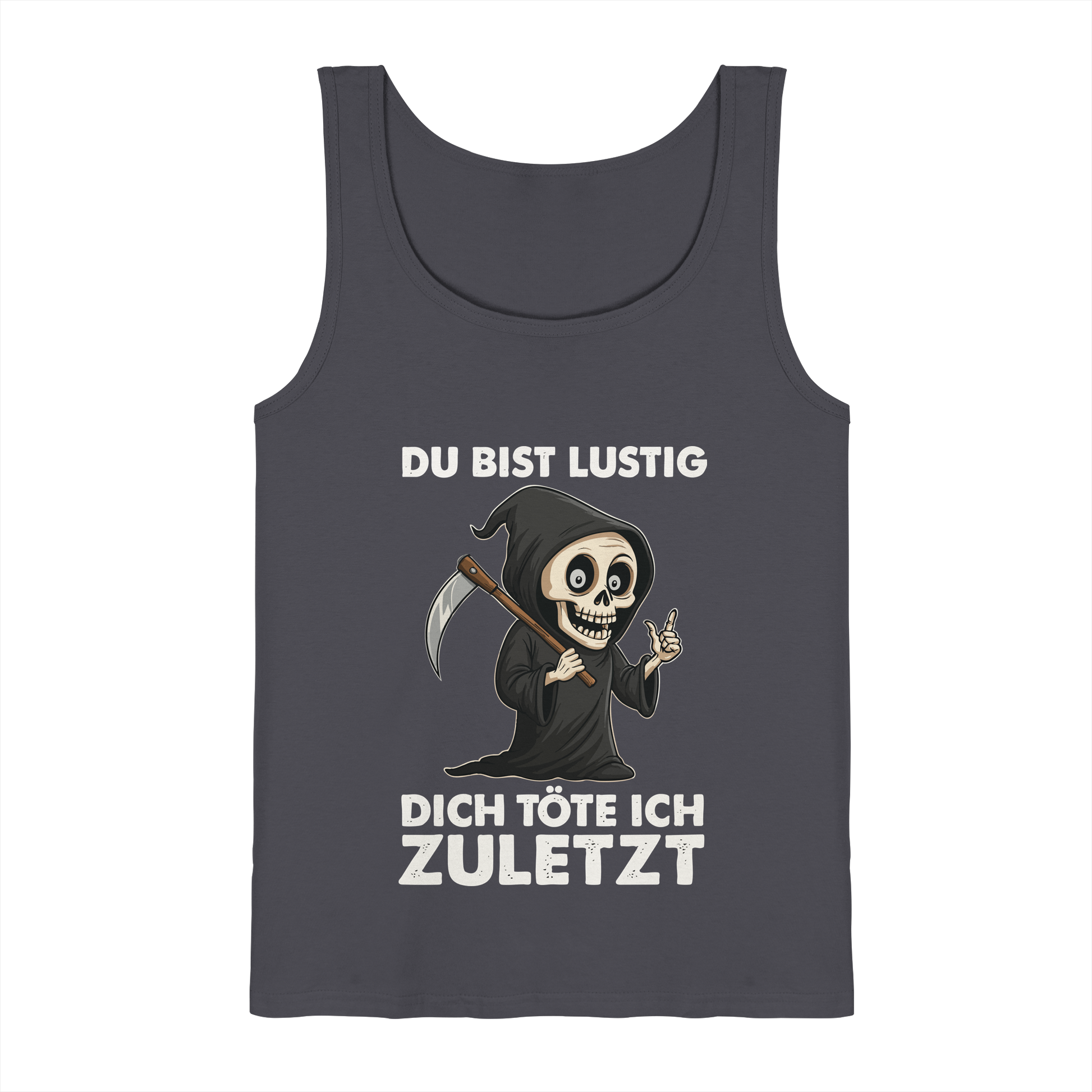 Dark gray tank top with a cute cartoon grim reaper and German text about dark humor and death.