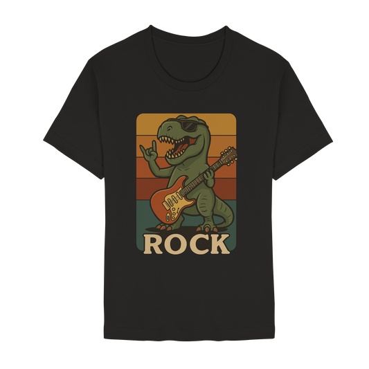 Schwarzes Rockender T-Rex – Retro Design - Unisex Essential Premium T-Shirt von Pressure Clothing mit Dinosaurier und Gitarre.