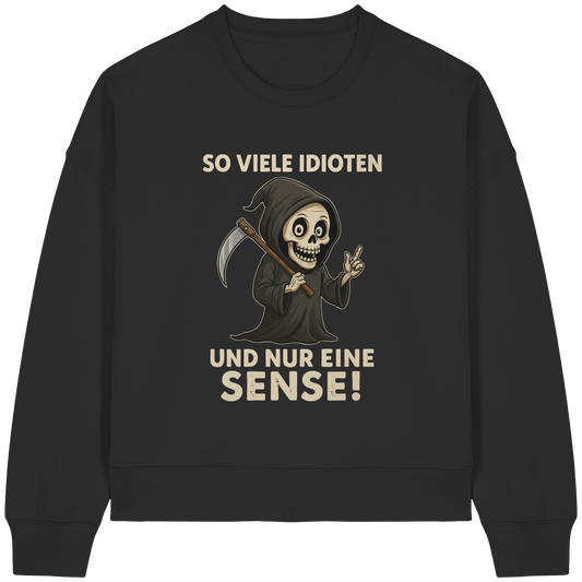 Black sweatshirt with sarcastic grim reaper graphic and German text about idiots and one scythe