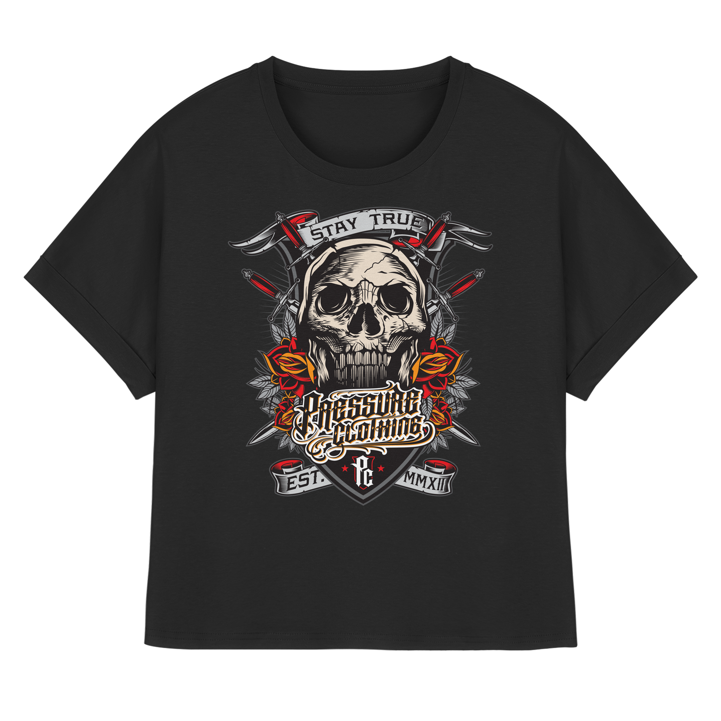 Stay True - Skull - Pressure Cloth - Womens Organic Rolled Sleeves T-Shirt