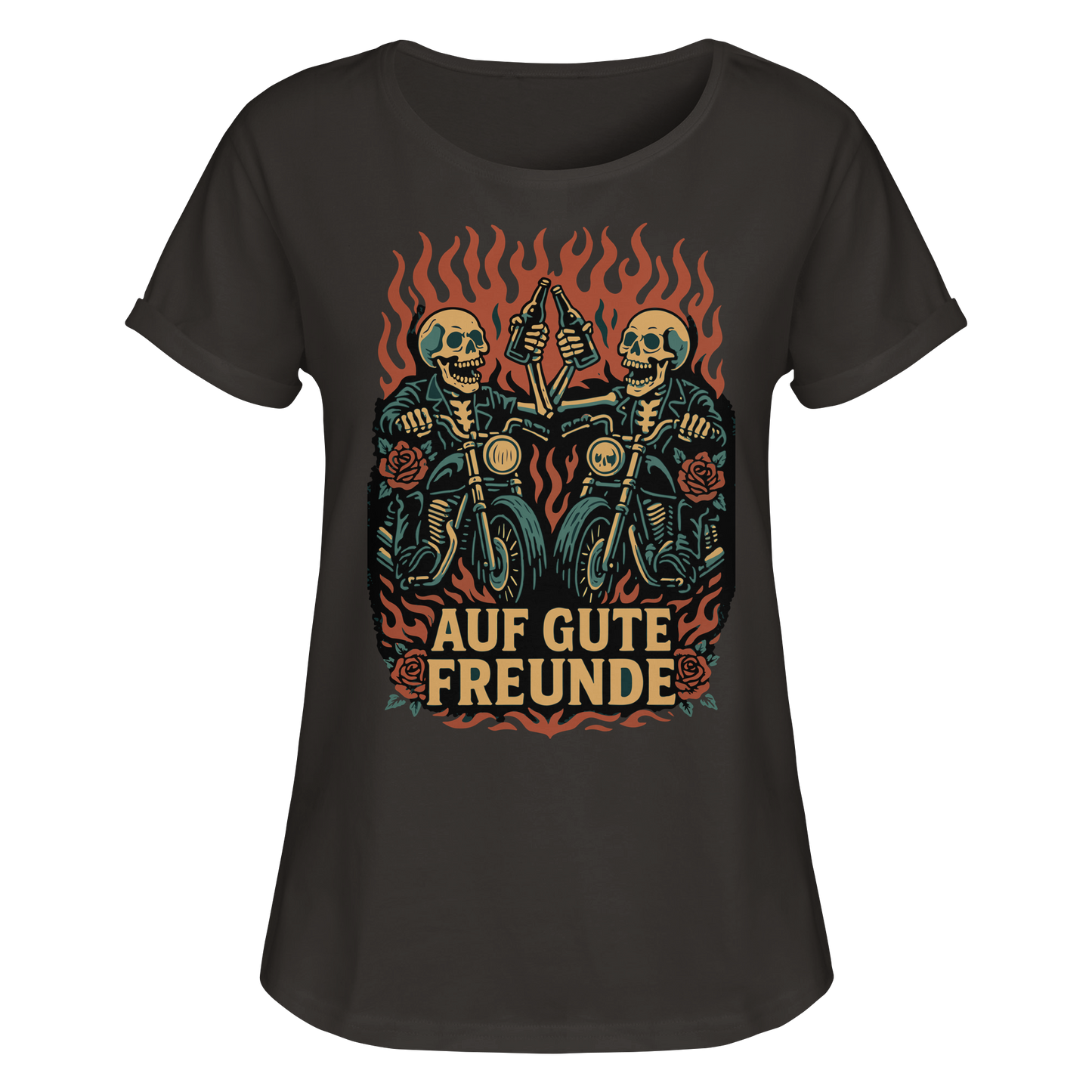 Auf gute Freunde - Biker Statement - Womens Roll-Up T-Shirt von RockWear mit Totenkopf-Motiven und Flammendesign.