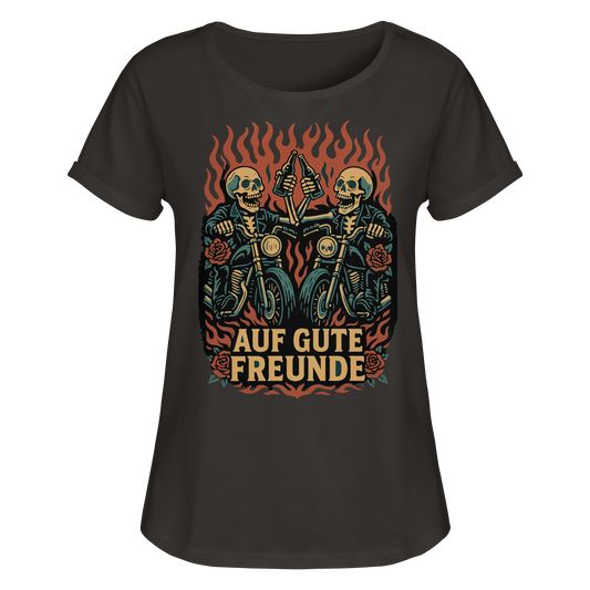 Auf gute Freunde - Biker Statement - Womens Roll-Up T-Shirt von RockWear mit Totenkopf-Motiven und Flammendesign.